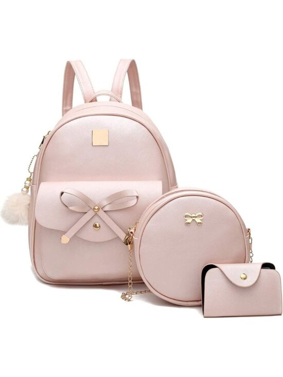 Women\'s Pink PU Leather lightweight Fahsion 3-Pieces Backpack Shoulder Bag